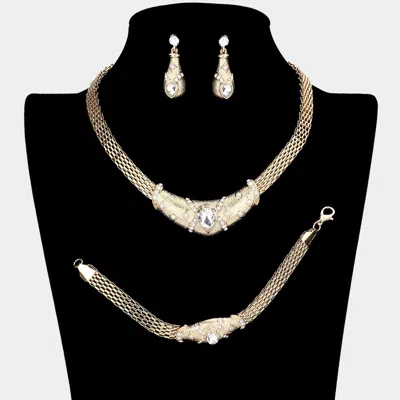 Fashnzfab 3pcs - Crystal Teardrop Accented Pendant Collar Necklace Set In Gold