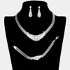 Fashnzfab 3pcs - Crystal Teardrop Accented Pendant Collar Necklace Set In Silver