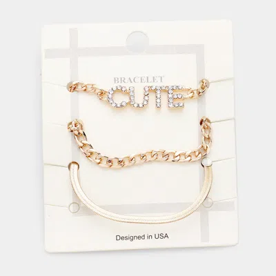 Fashnzfab 3pcs - Cute Rhinestone Embellished Metal Chain Bracelets Clear, Gold In Multi