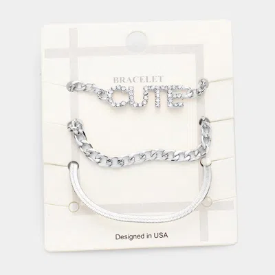 Fashnzfab 3pcs - Cute Rhinestone Embellished Metal Chain Bracelets Clear, Rhodium In Multi