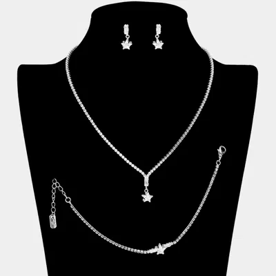 Fashnzfab 3pcs - Cz Star Stone Pointed Rhinestone Paved Jewelry Set In Metallic
