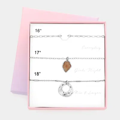 Fashnzfab 3pcs - Disc Natural Stone Abstract Metal Pendant Necklaces In Multi