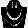 Fashnzfab 3pcs - Emerald Cut Stone Accented Rhinestone Necklace Jewelry Set In Gold