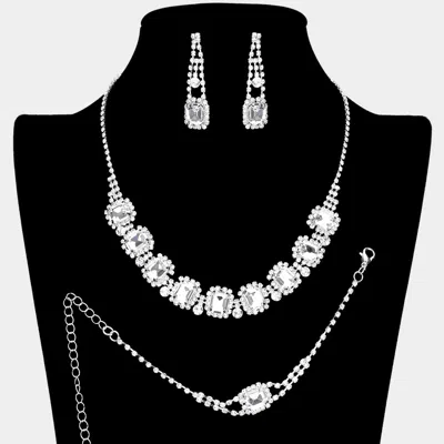 Fashnzfab 3pcs - Emerald Cut Stone Accented Rhinestone Necklace Jewelry Set In Silver