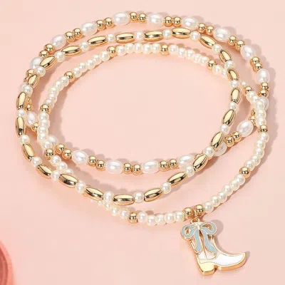 Fashnzfab 3pcs - Enamel Bow Cowboy Boot Pearl Beaded Multi Layered Bracelet