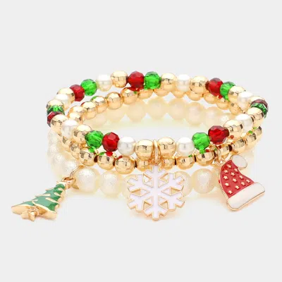 Fashnzfab 3pcs - Enamel Christmas Charm Pointed Beaded Stretch Multi Layered Bracelets