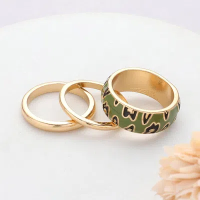 Fashnzfab 3pcs - Enamel Leopard Patterned Metal Band Mixed Rings In Gold