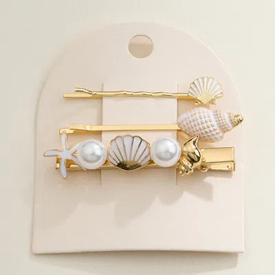 Fashnzfab 3pcs - Enamel Sea Shell Pearl Starfish Pointed Bobbi Pins Alligator Snap Hair Clips In Gold