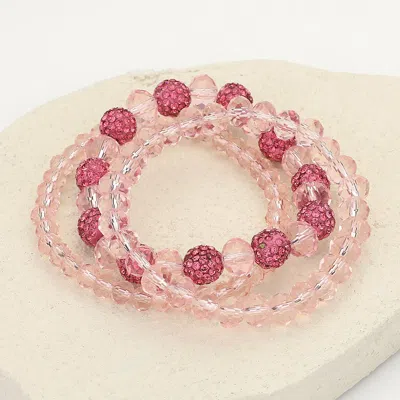 Fashnzfab 3pcs - Faceted Beaded Shamballa Ball Stretch Multi Layered Bracelets In Pink