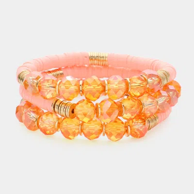 Fashnzfab 3pcs - Faceted Beads Heishi Beaded Multi Layered Bracelets In Pink