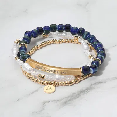 Fashnzfab 3pcs - Fearfully & Wonderfully Made Inspirational Bar Message Bracelet In Blue