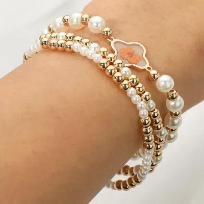 Fashnzfab 3pcs - Floral Accent Pearl Metal Ball Beaded Stretch Multi Layered Bracelets In Gold