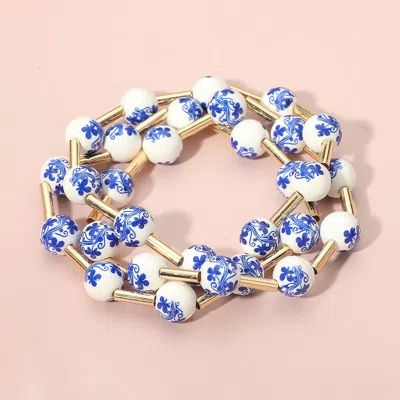 Fashnzfab 3pcs - Floral Ceramic Ball Beaded Stretch Multi Layered Bracelets In Blue