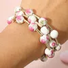 Fashnzfab 3pcs - Floral Ceramic Ball Beaded Stretch Multi Layered Bracelets In Gold