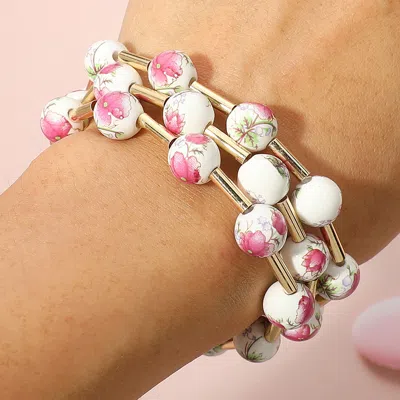 Fashnzfab 3pcs - Floral Ceramic Ball Beaded Stretch Multi Layered Bracelets In Gold