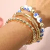 Fashnzfab 3pcs - Floral Ceramic Ball Metal Ball Beaded Stretch Multi Layered Bracelet In Gold