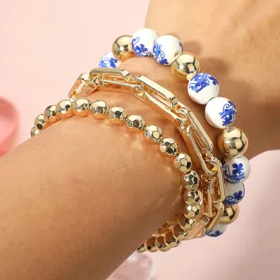 Fashnzfab 3pcs - Floral Ceramic Ball Metal Ball Beaded Stretch Multi Layered Bracelet In Gold