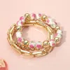 Fashnzfab 3pcs - Floral Ceramic Ball Metal Ball Beaded Stretch Multi Layered Bracelet In Gold