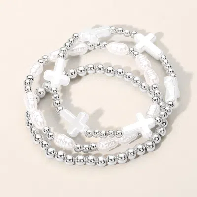 Fashnzfab 3pcs - Floral Ceramic Ball Pearl Beaded Multi Layered Bracelets