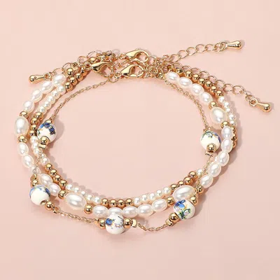 Fashnzfab 3pcs - Floral Ceramic Ball Pearl Beaded Multi Layered Bracelets Blue, Gold