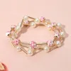 Fashnzfab 3pcs - Floral Ceramic Ball Pearl Beaded Stretch Multi Layered Bracelets In Gold