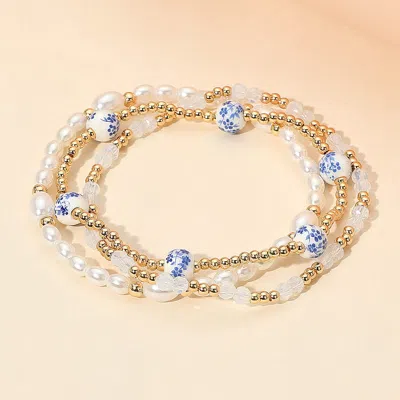 Fashnzfab 3pcs - Floral Ceramic Ball Pearl Beaded Stretch Multi Layered Bracelets In Gold