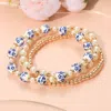 Fashnzfab 3pcs - Floral Ceramic Ball Pearl Metal Ball Beaded Stretch Stackable Multi Layered Bracelets In Multi