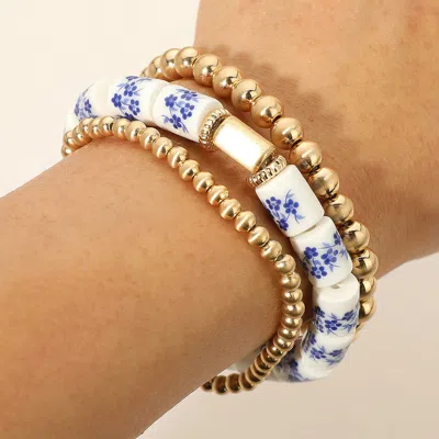 Fashnzfab 3pcs - Floral Printed Ceramic Cylinder Metal Ball Beaded Stretch Multi Layered Bracelets In Blue
