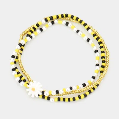 Fashnzfab 3pcs - Flower Accented Pearl Seed Beaded Stretch Bracelets Yellow