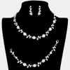 Fashnzfab 3pcs - Flower Leaf Cluster Rhinestone Necklace Jewelry Set In Black