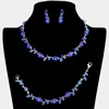 Fashnzfab 3pcs - Flower Leaf Cluster Rhinestone Necklace Jewelry Set In Blue