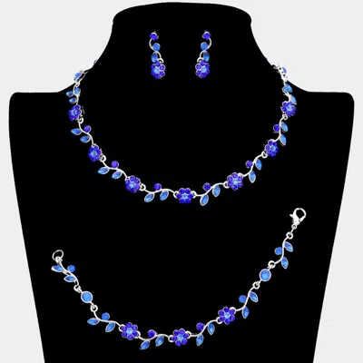 Fashnzfab 3pcs - Flower Leaf Cluster Rhinestone Necklace Jewelry Set In Blue