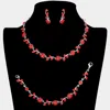 Fashnzfab 3pcs - Flower Leaf Cluster Rhinestone Necklace Jewelry Set In Red