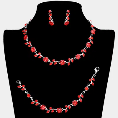 Fashnzfab 3pcs - Flower Leaf Cluster Rhinestone Necklace Jewelry Set In Red