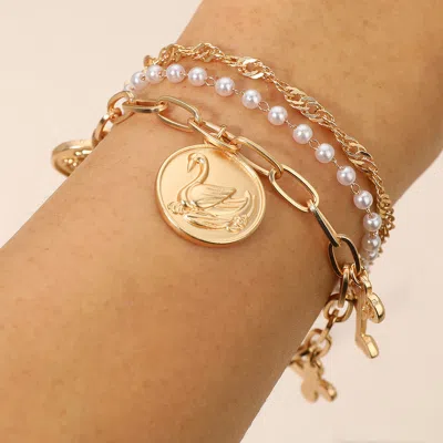 Fashnzfab 3pcs - Flower Swan Embossed Medallion Key Cross Pearl Charm Station Multi Layered Bracelets Cream, M