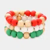 Fashnzfab 3pcs - Frosted Metal Ball Christmas Beaded Stretch Bracelets - Green, Red In Multi