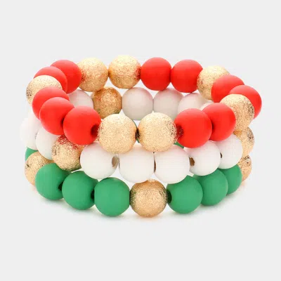 Fashnzfab 3pcs - Frosted Metal Ball Christmas Beaded Stretch Bracelets - Green, Red In Multi