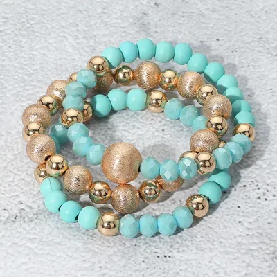 Fashnzfab 3pcs - Frosted Metal Ball Wood Faceted Beaded Stretch Bracelets In Blue