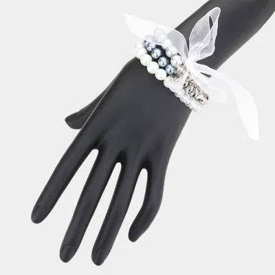 Fashnzfab 3pcs - Glass Bead Accented Pearl Stretch Bracelet Gray, Silver In Multi