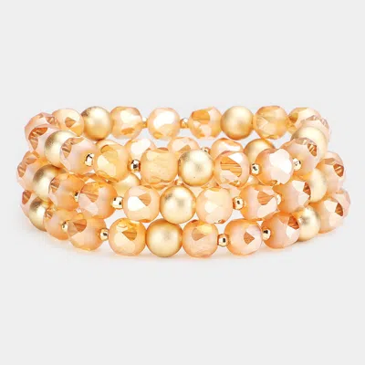 Fashnzfab 3pcs - Glass Bead Metal Ball Stretch Bracelets In Pink