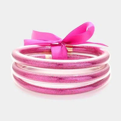 Fashnzfab 3pcs - Glitter Jelly Tube Bangle Bracelet Fuchsia, Gold In Multi