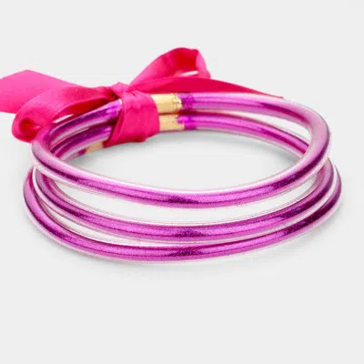 Fashnzfab 3pcs - Glitter Jelly Tube Bangle Bracelets In Pink