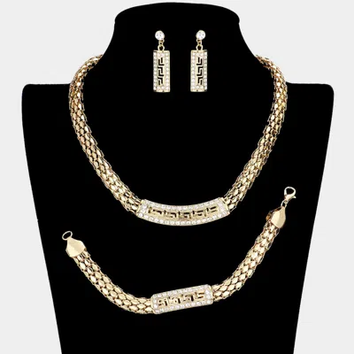 Fashnzfab 3pcs - Greek Pattern Rhinestone Pave Pendant Accented Mesh Metal Chain Necklace Set In Gold