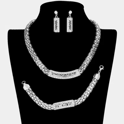 Fashnzfab 3pcs - Greek Pattern Rhinestone Pave Pendant Accented Mesh Metal Chain Necklace Set In Silver