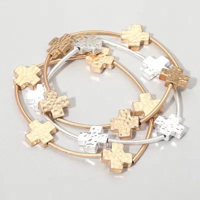 Fashnzfab 3pcs - Hammered Metal Cross Bar Beaded Stretch Multi Layered Bracelets In Gold