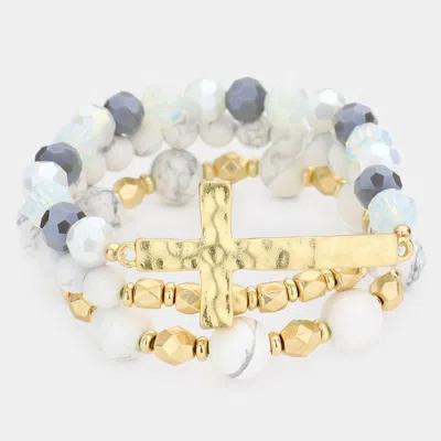 Fashnzfab 3pcs - Hammered Metal Cross Pendant Beaded Layered Bracelets - White, Worn Gold In Multi