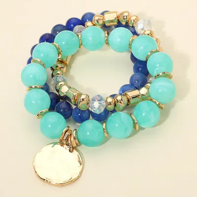 Fashnzfab 3pcs - Hammered Metal Disc Charm Accent Beaded Stretch Multi Layered Bracelets In Green