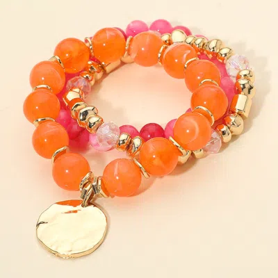 Fashnzfab 3pcs - Hammered Metal Disc Charm Accent Beaded Stretch Multi Layered Bracelets In Orange