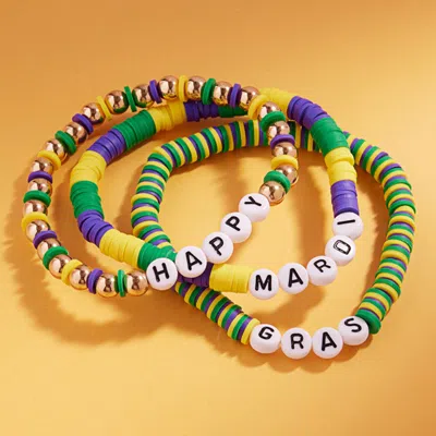 Fashnzfab 3pcs - Happy Mardi Gras Message Beaded Stretch Multi Layered Bracelets - Gold