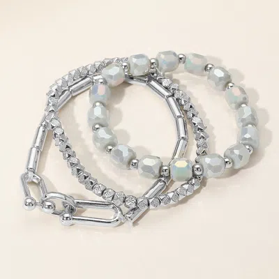 Fashnzfab 3pcs - Hardware Textured Metal Faceted Beaded Stretch Multi Layered Bracelets